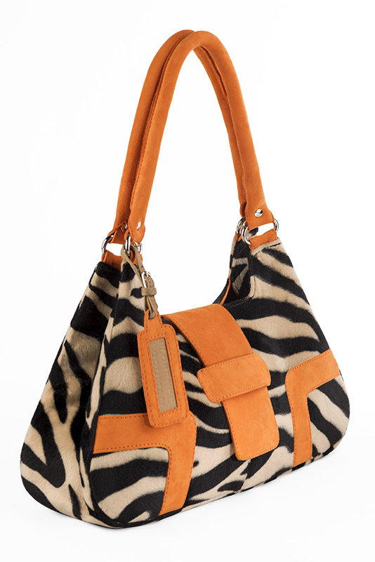 Safari black and apricot orange women's dress handbag, matching pumps and belts. Worn view - Florence KOOIJMAN